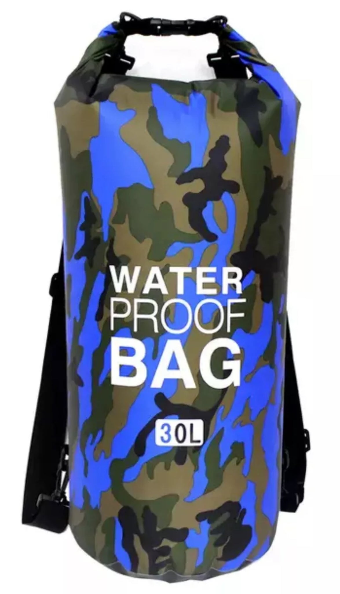 Ocean blue and black waterproof 30Litre dry bag with straps