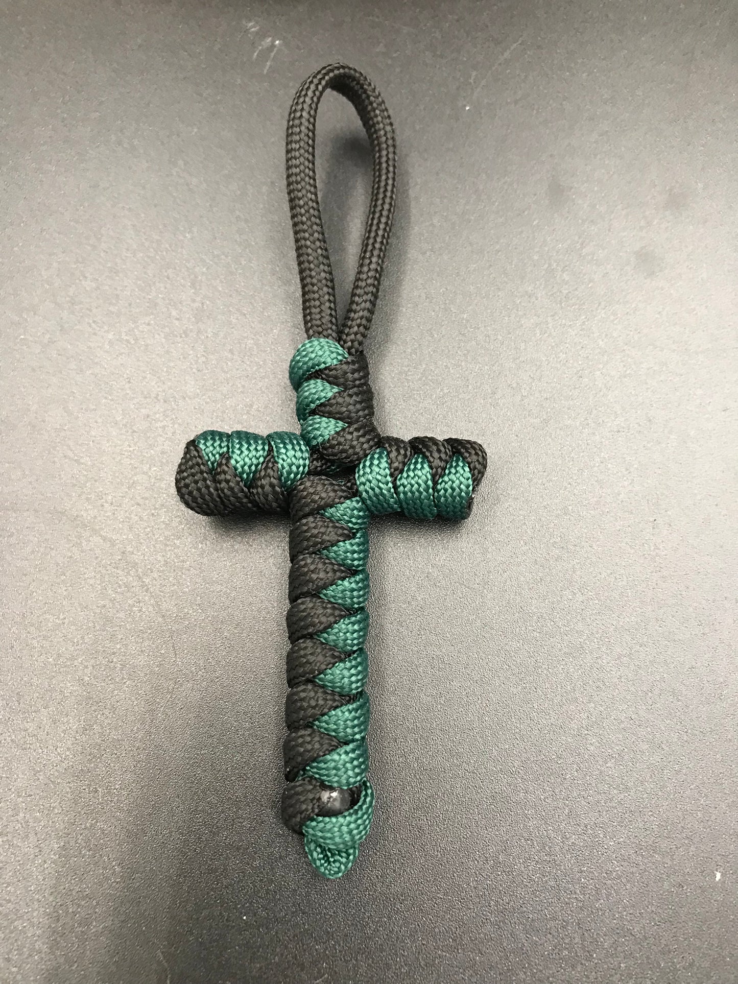 Handmade Paracord cross crucifix pendant in Black and emerald green
