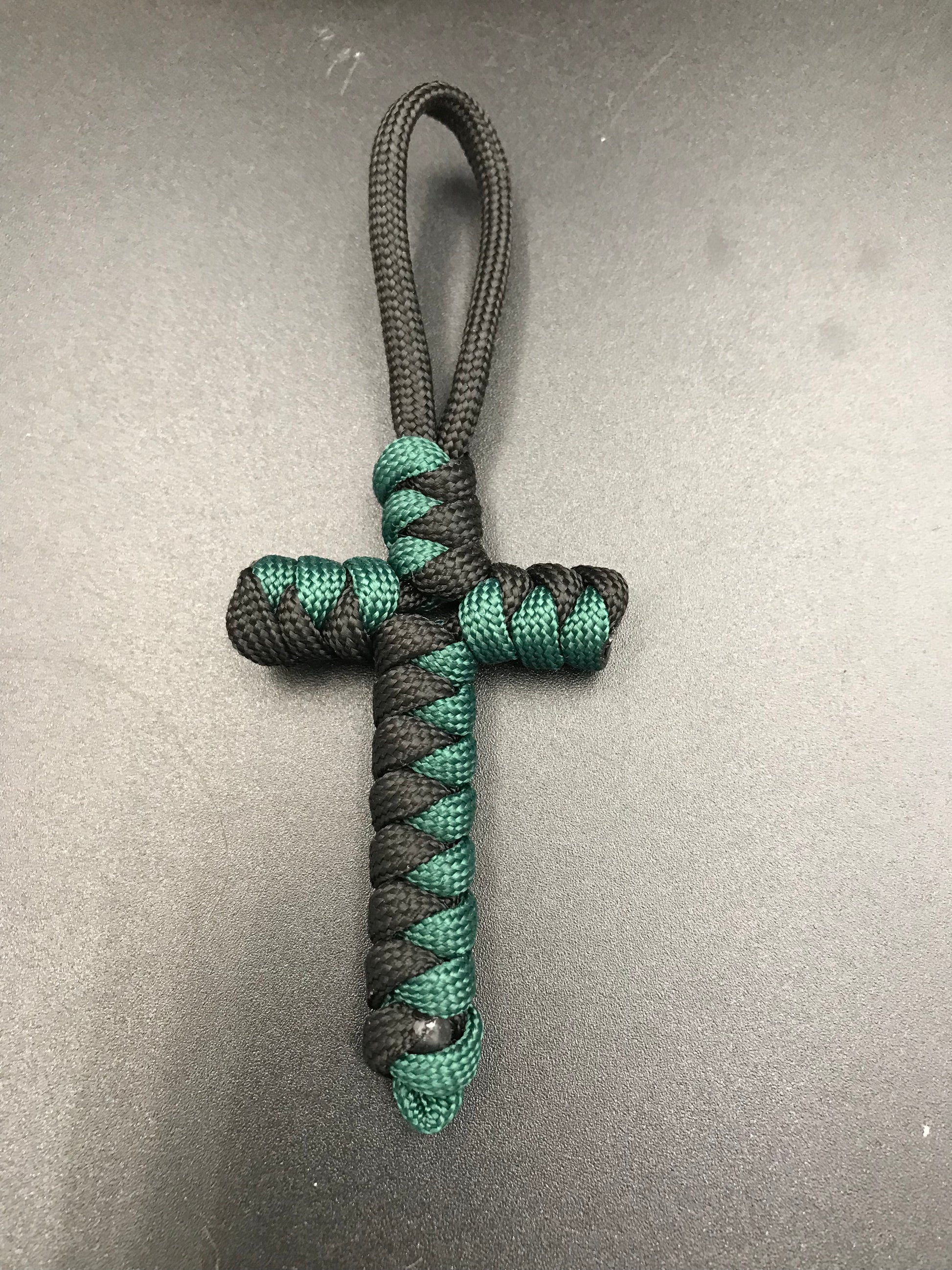 Handmade Paracord cross crucifix pendant in Black and emerald green