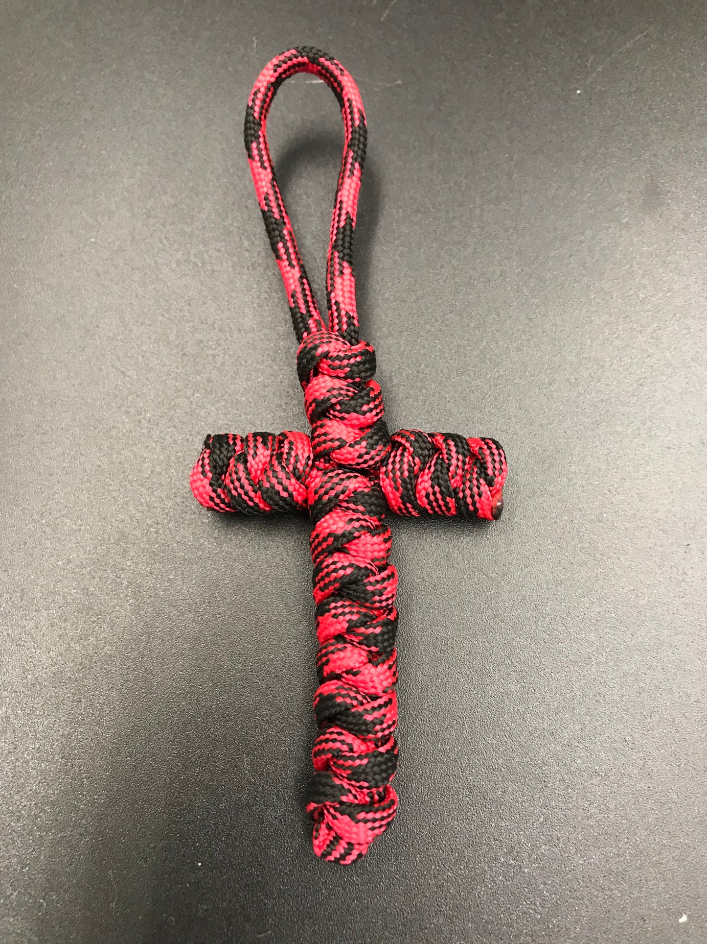 Handmade Paracord cross crucifix pendant in Red Devil (black and red mix)