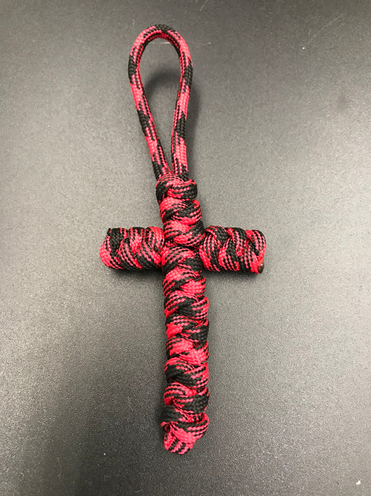 Handmade Paracord cross crucifix pendant in Red Devil (black and red mix)