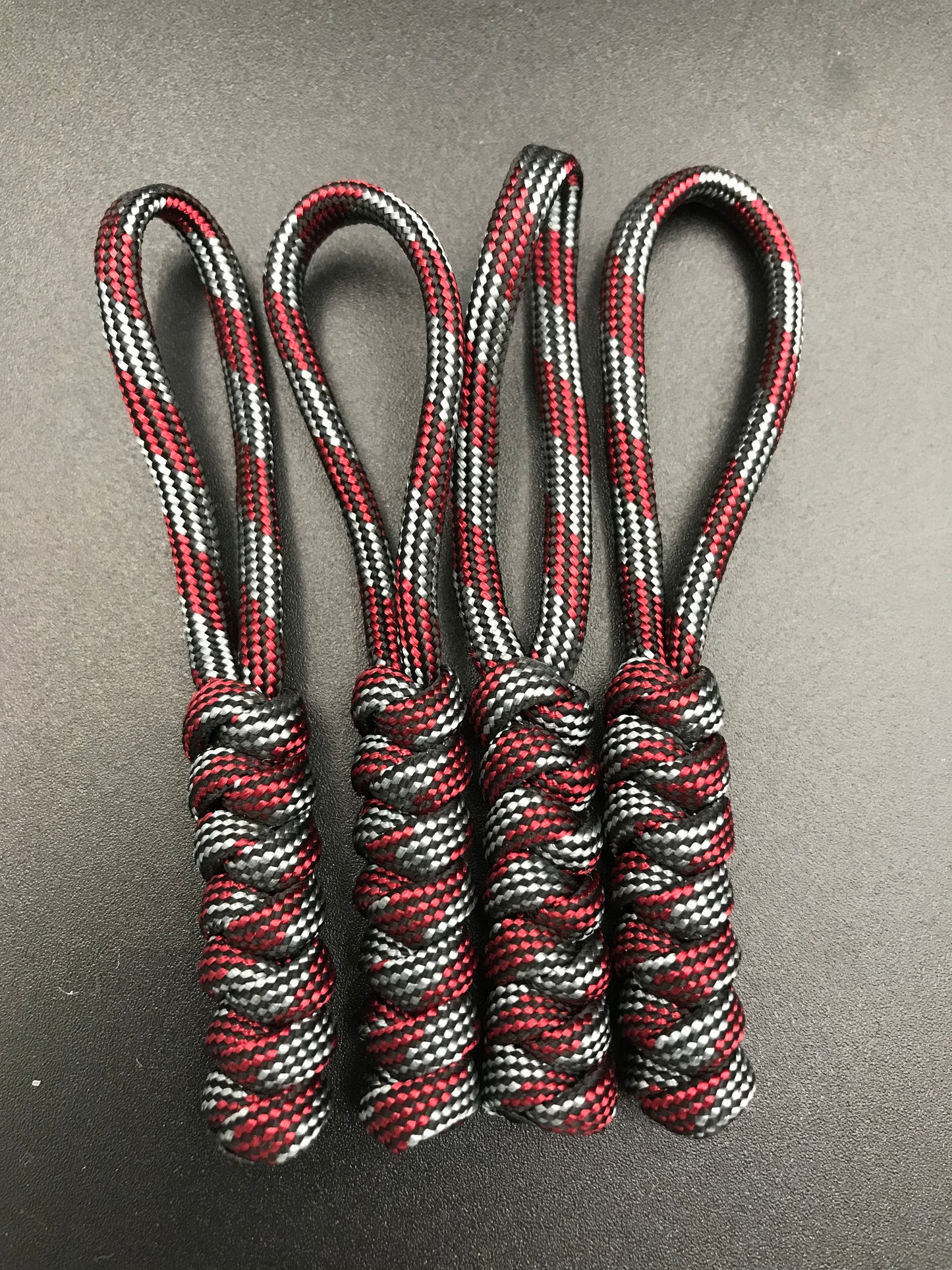 Paracord zip pulls in Burgandy Red & grey ( 4 pack) light weight, strong and all handmade in U.K.