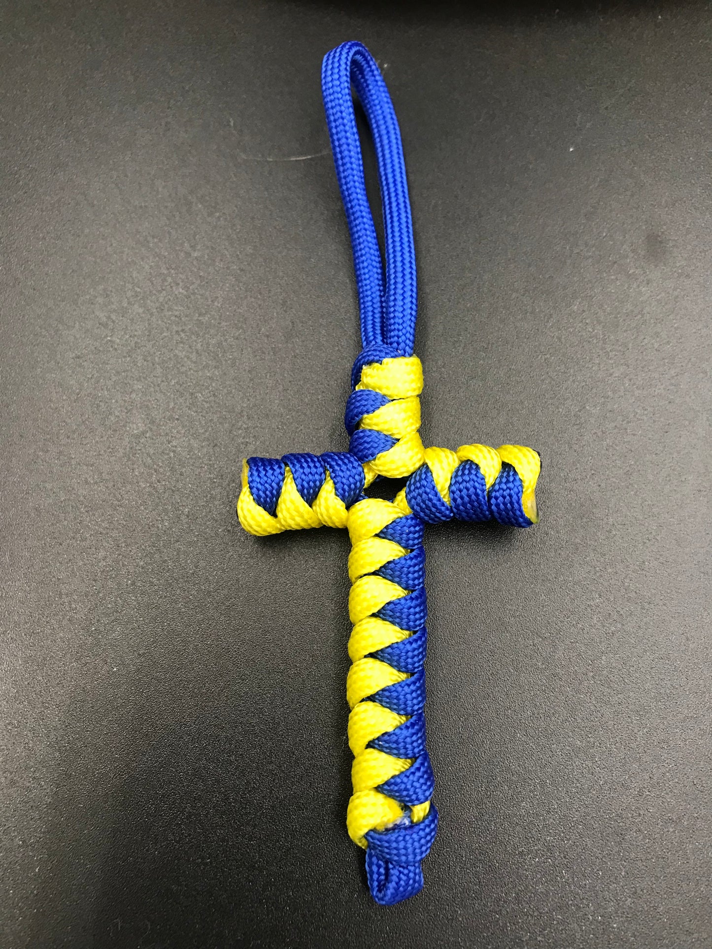 Handmade Paracord cross crucifix pendant for bags in blue and yellow Paracord