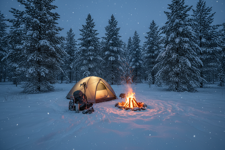Winter camping scene at dusk with illuminated tent and campfire in snowy woodland showcasing new outdoor gear and survival equipment"