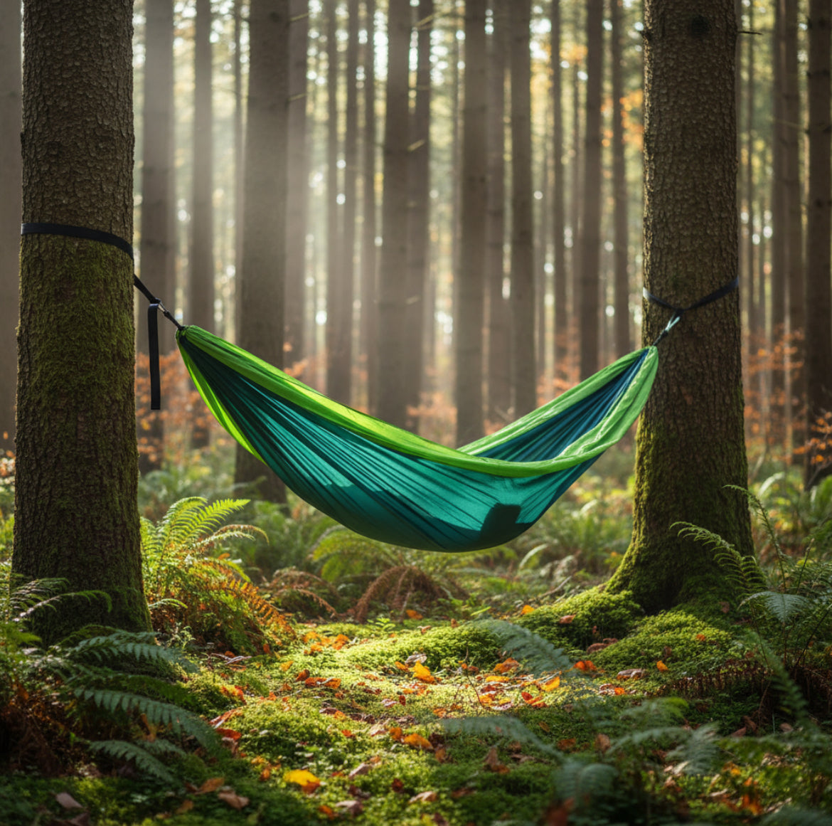 Camping hammock in woodland forest setting outdoor adventure gear
