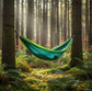 Camping hammock in woodland forest setting outdoor adventure gear
