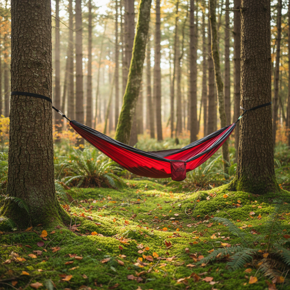 Portable hammock strung between trees in forest camping scene