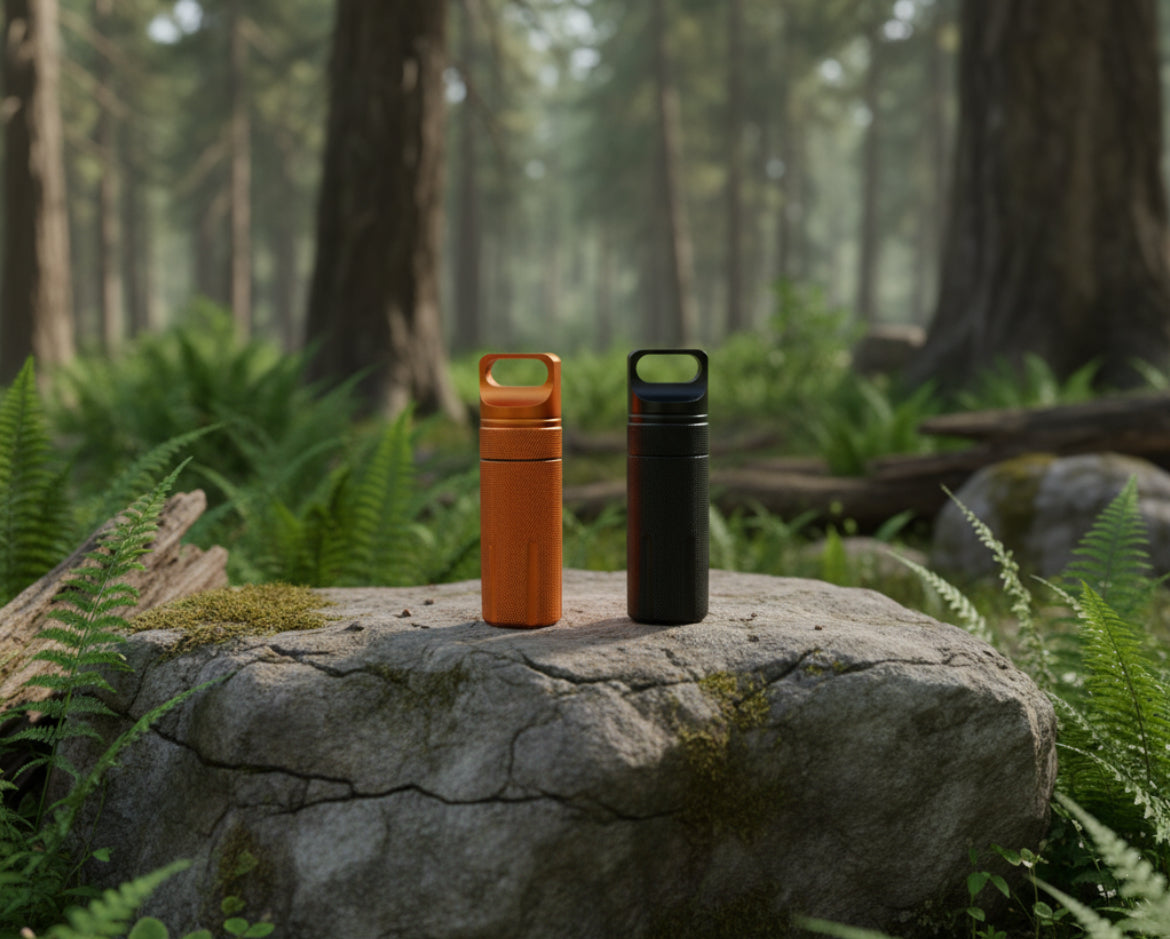 Aluminium pill pot containers in black and orange colours
