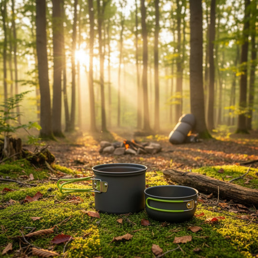 2pcs camping pots in woodland scene with sunlight peering through the trees