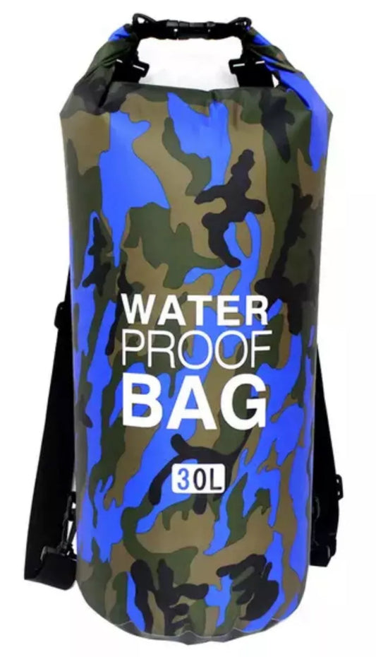 Ocean blue and black waterproof 30Litre dry bag with straps 