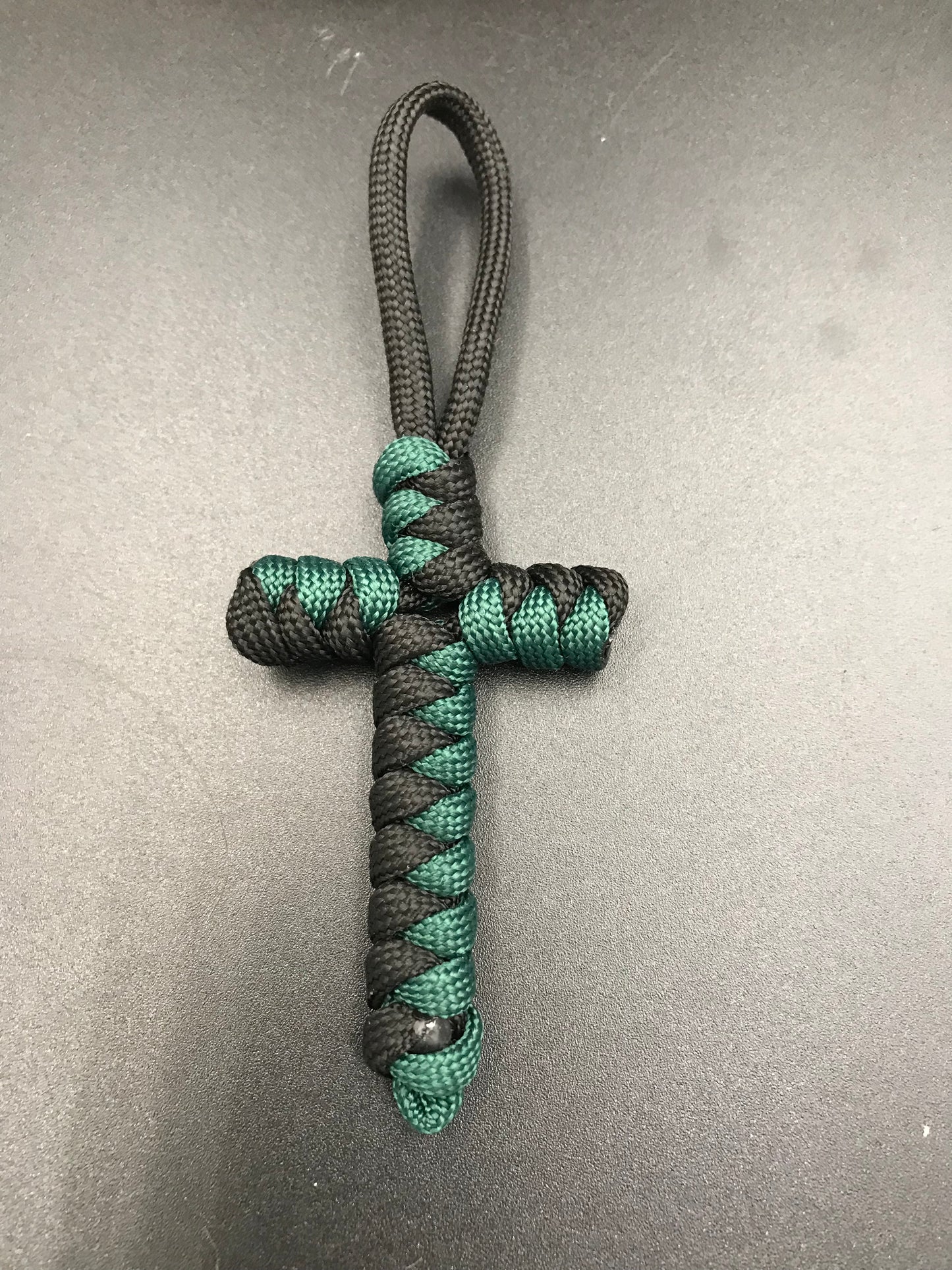 Handmade Paracord cross crucifix pendant in Black and emerald green 