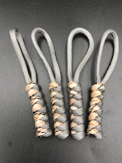 Paracord zip pulls in grey and desert camo (4 pack) light weight, strong and hand crafted in U.K