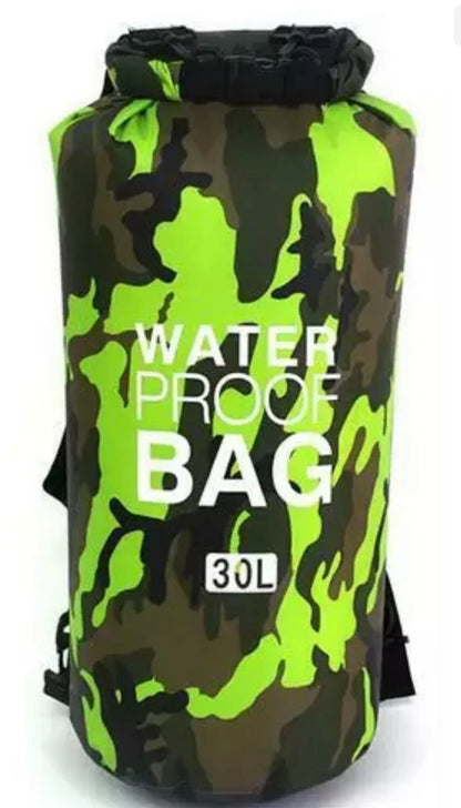 Neon green and black camouflage 30Litre dry bag with straps 