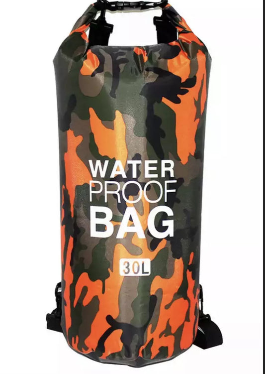 Orange and black camouflage 30Litre dry bag with straps 