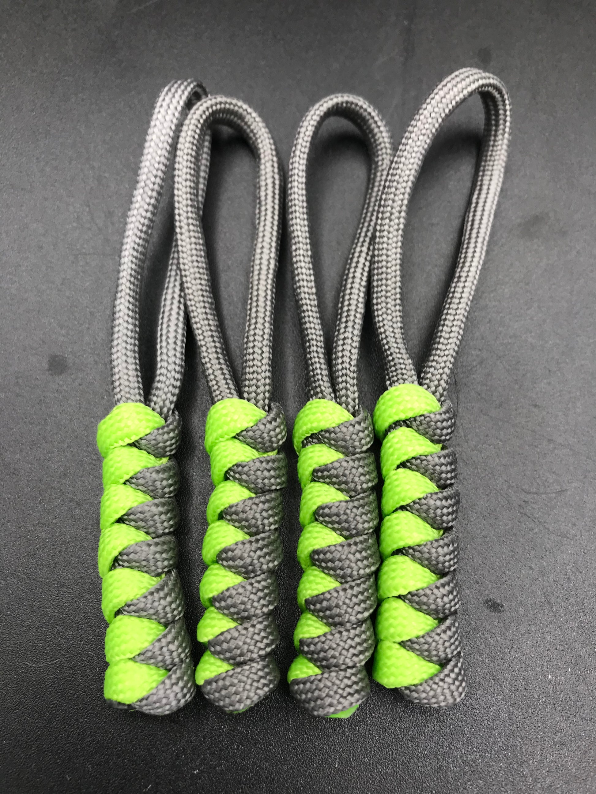 Paracord zip pulls in grey and neon green (4 pack) light weight, strong and hand crafted in U.K