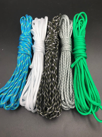 Paracord starter pack in a colour variety of 5 x 20ft bundles ( Hawaiian blue, green, white, pixelated camo and cobra green camo