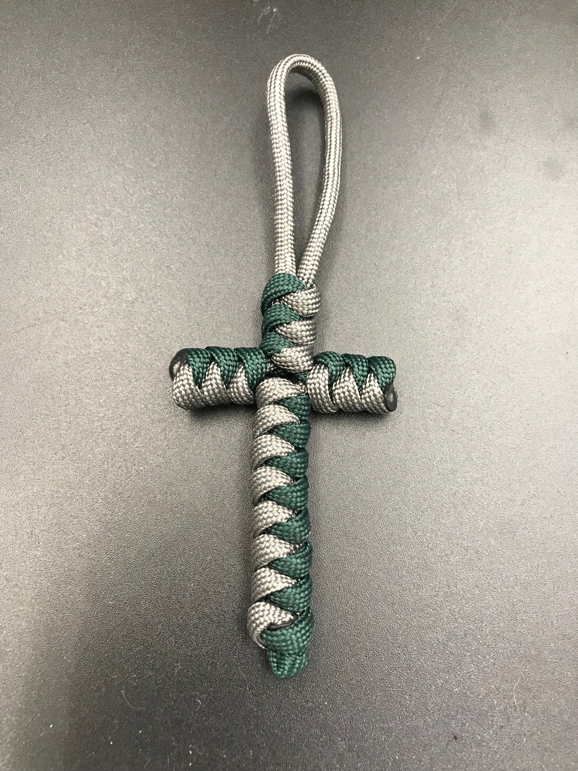 Handmade Paracord cross crucifix pendant in Grey and emerald green