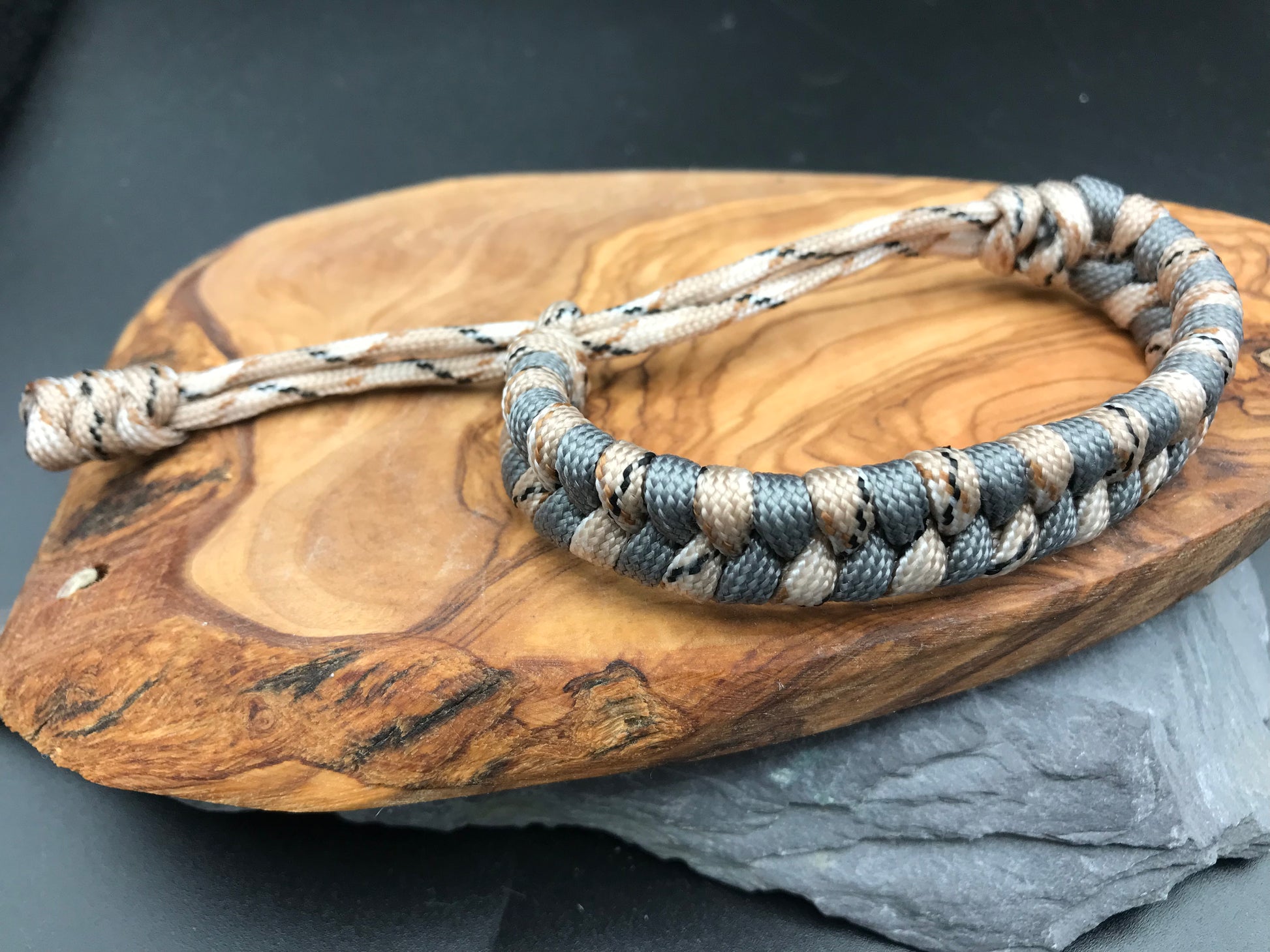 Handmade Paracord Fishtail weave bracelet in Desert camoflague and grey colours