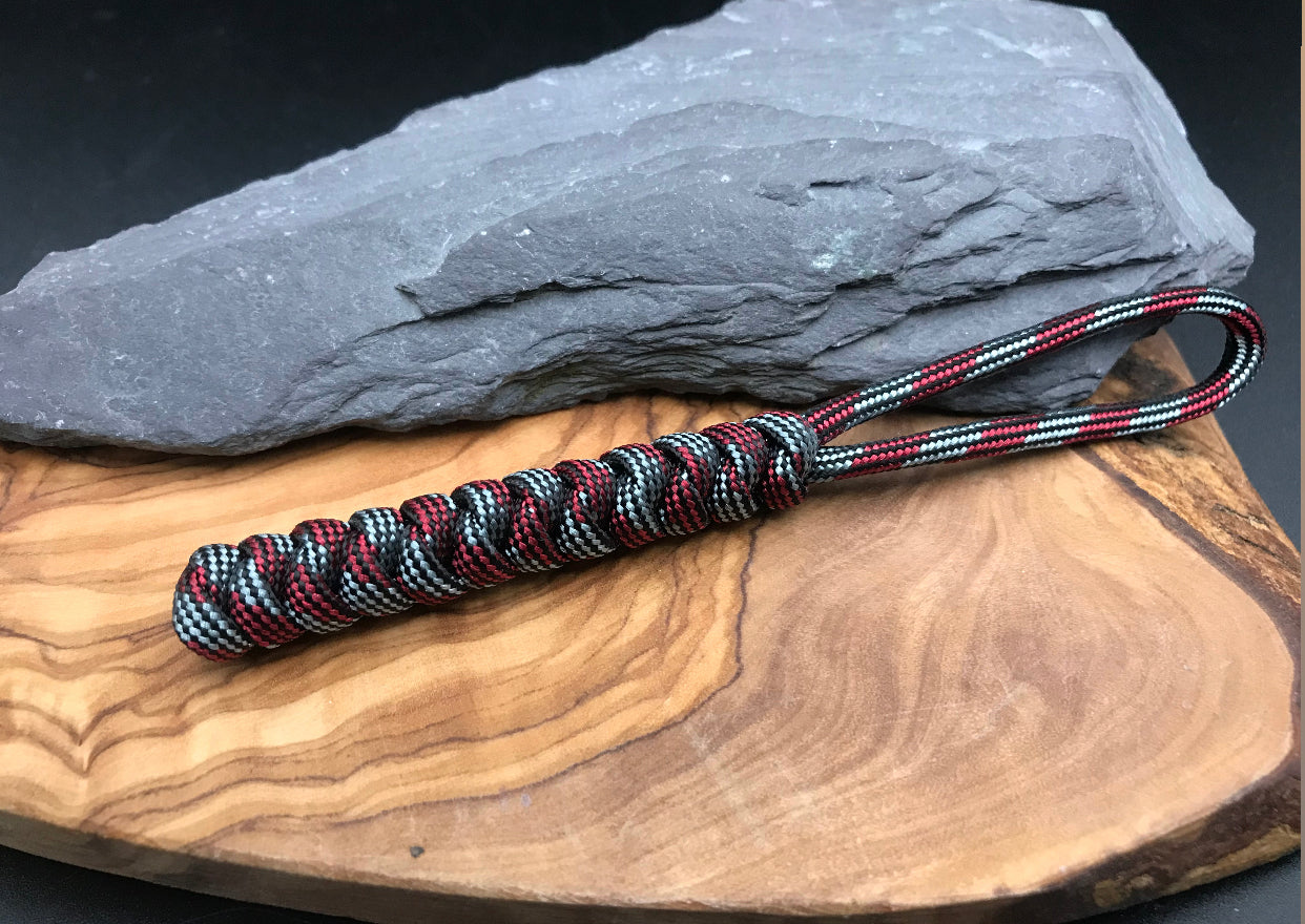 Hand made Paracord lanyard in Burgandy & grey coloured snake knot design