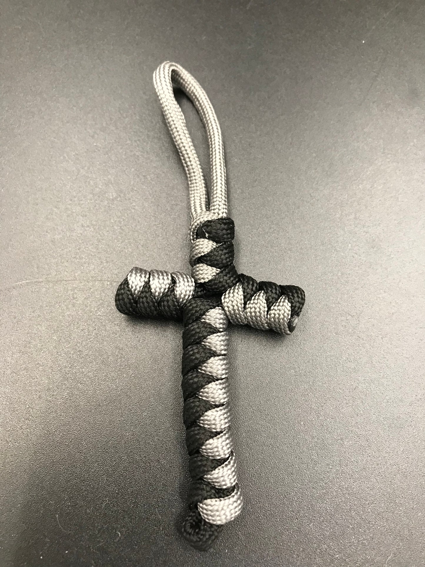 Handmade Paracord cross crucifix pendant in Grey and black