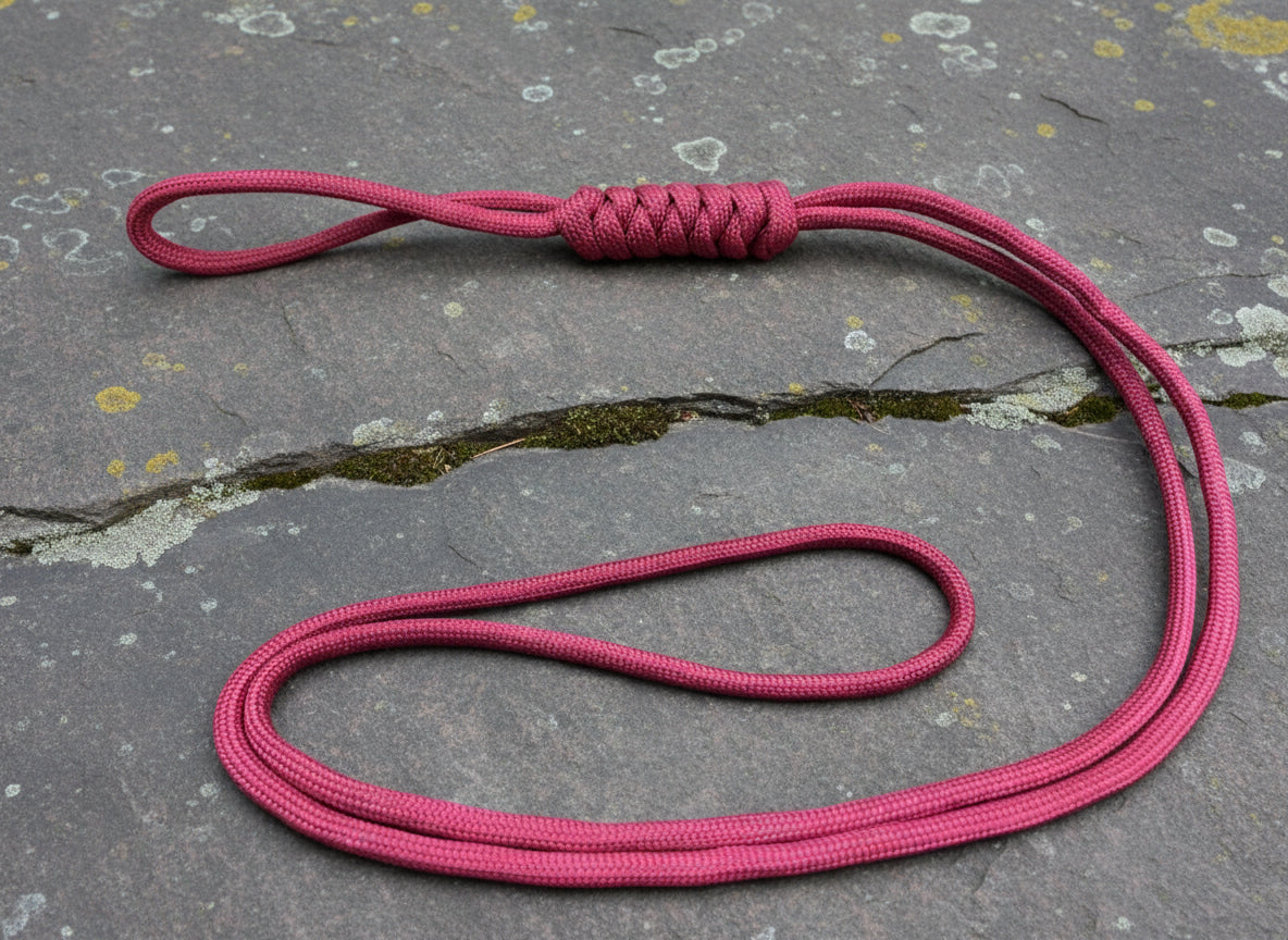 A Burgundy paracord lanyard with a long loop design, displayed on a stone surface.