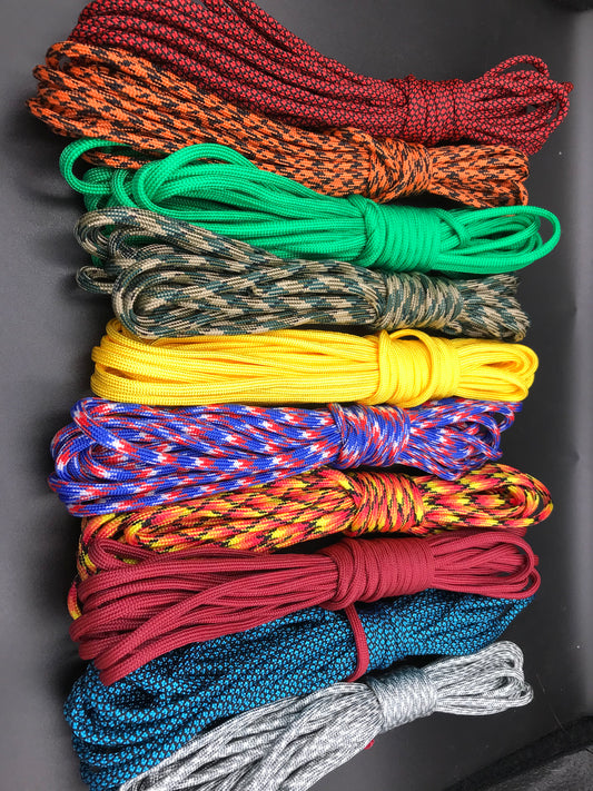 Paracord starter pack in a colour variety of 5 x 20ft bundles ( red diamond, tiger orange, green, dark desert camo, yellow, Union Jack flag colours, fireball, burgandy wine, royal blue diamond, pixelated grey camo