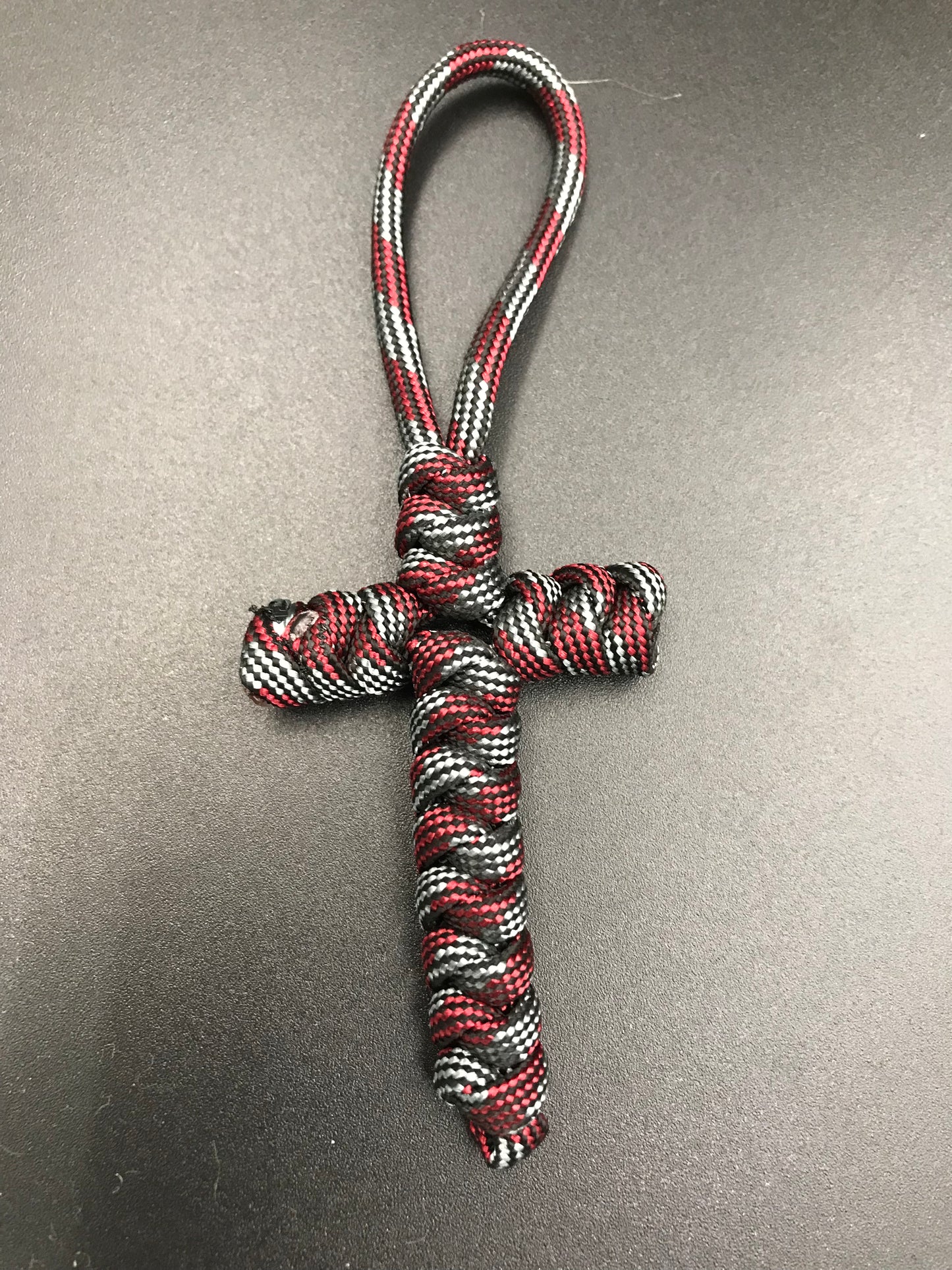 Handmade Paracord cross crucifix pendant in Grey and burgundy 