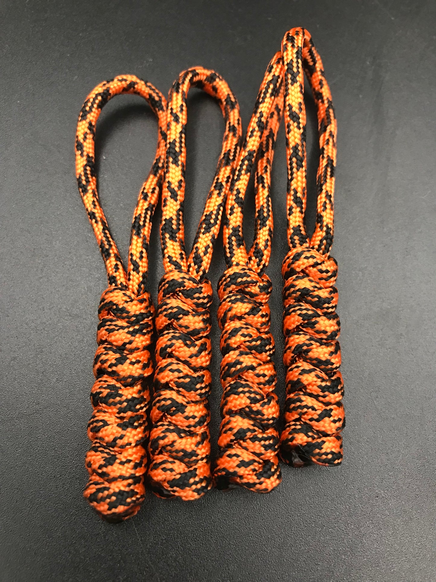Paracord zip pulls in tiger orange (orange and black mix) (4 pack) light weight strong and hand crafted in U.K