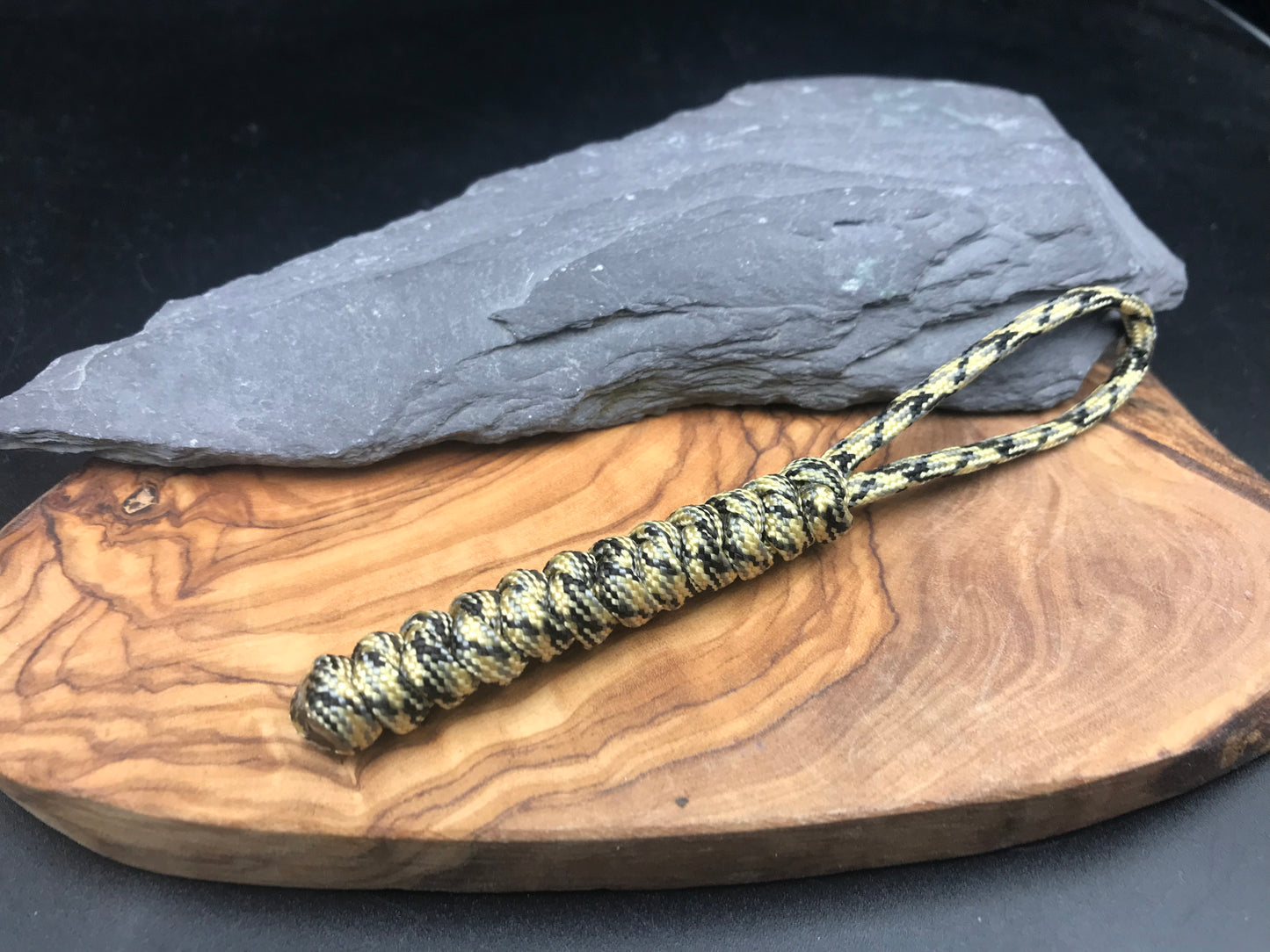 Hand made Paracord lanyard in Desert camo with black coloured snake knot design