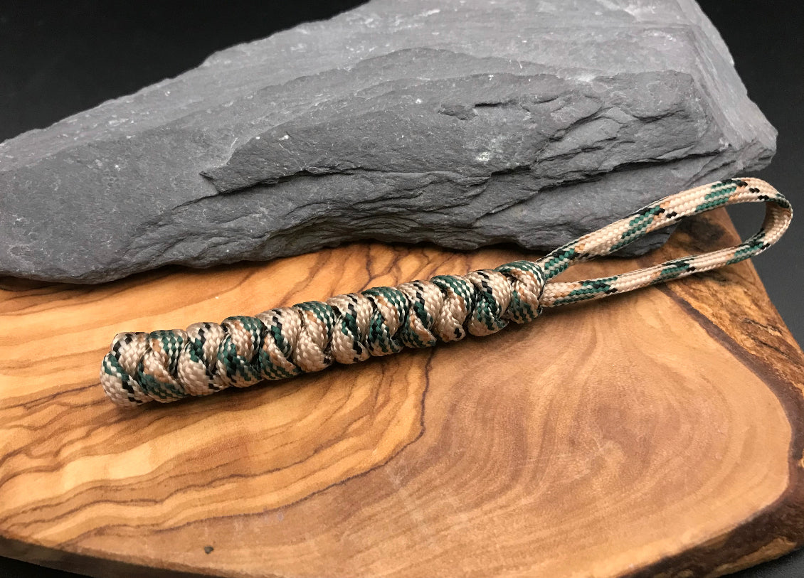 Hand made Paracord lanyard in Green desert camo coloured snake knot design