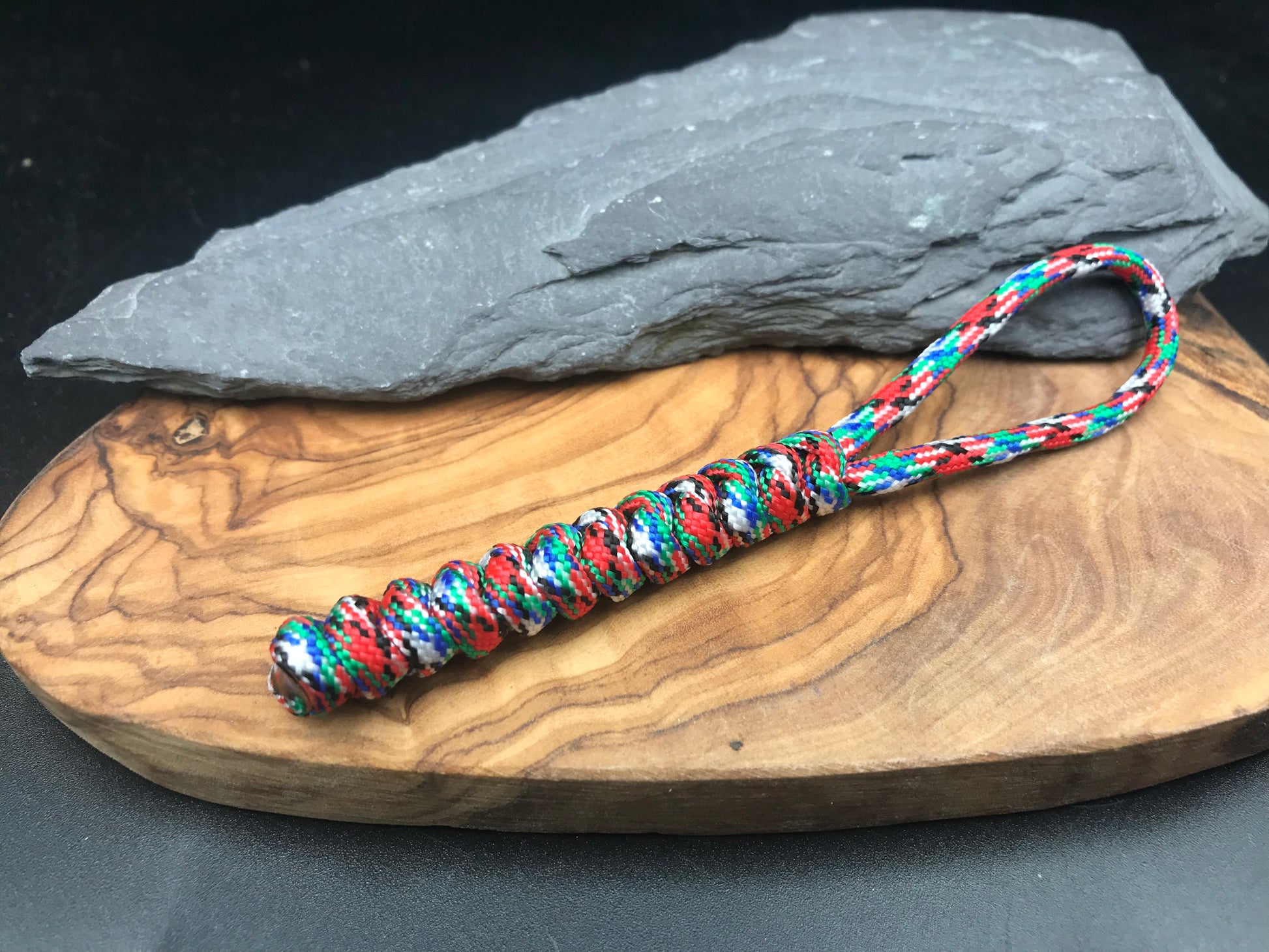 Hand made Paracord lanyard in Urban graffiti blue red green coloured snake knot design