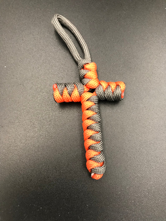 Handmade Paracord cross crucifix pendant in Grey and neon orange 