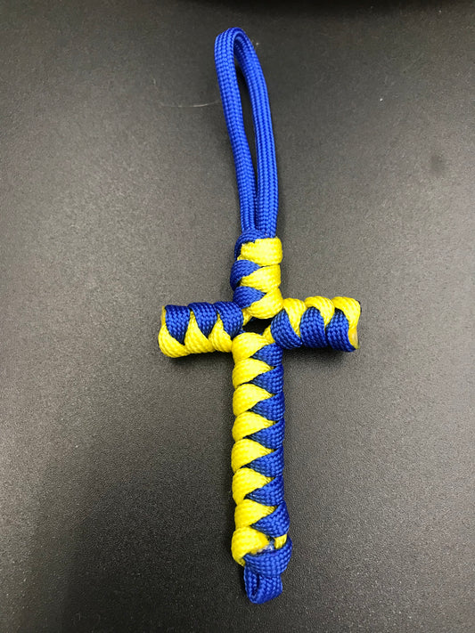 Handmade Paracord cross crucifix pendant for bags in blue and yellow Paracord 